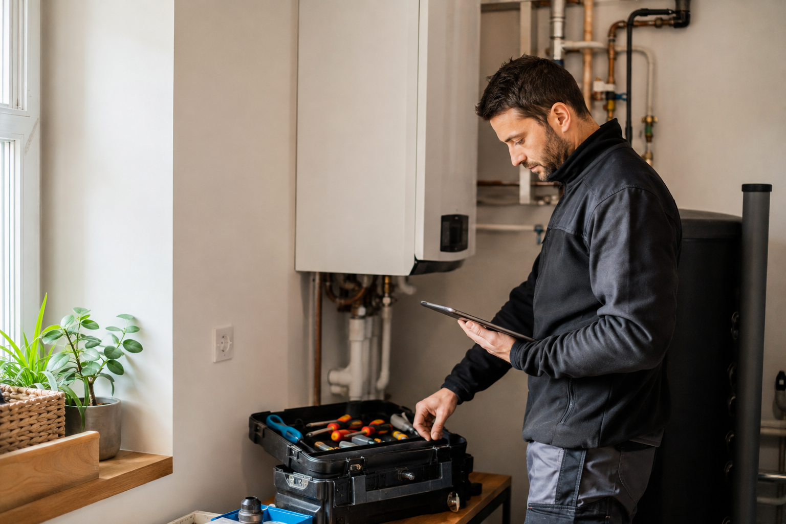 Technicien préparant une intervention dans un local technique